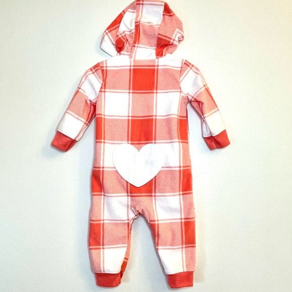 Carter’s 6M Orange & White Plaid Fleece Hoodie Jumpsuit - Picture 4 of 7
